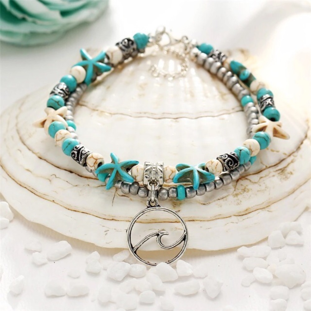 Boho Wave Anklet Silver Turquoise Beading - Picture 5 of 5